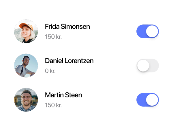 Billede der viser, at du kan vælge fordeling mellem personer, når du deler udgifter i MobilePay