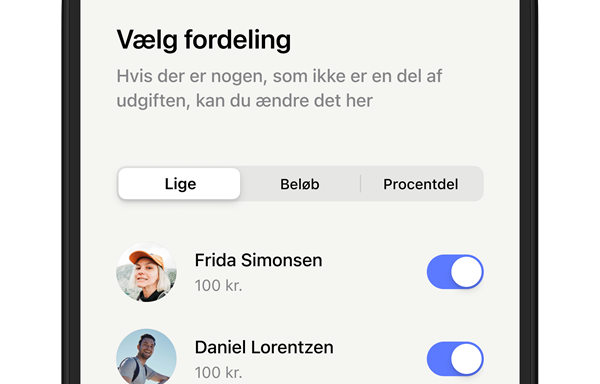 Billeder der viser, at du kan vælge fordeling mellem brugere, når I skal dele udgifter i en gruppe