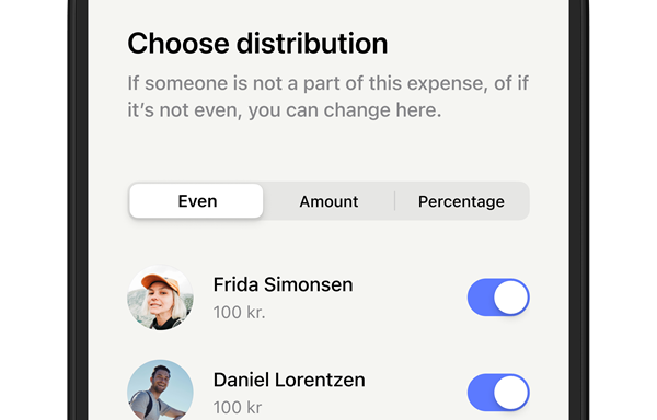 Picture that shows that you can choose distribution between users when sharing expenses in MobilePay
