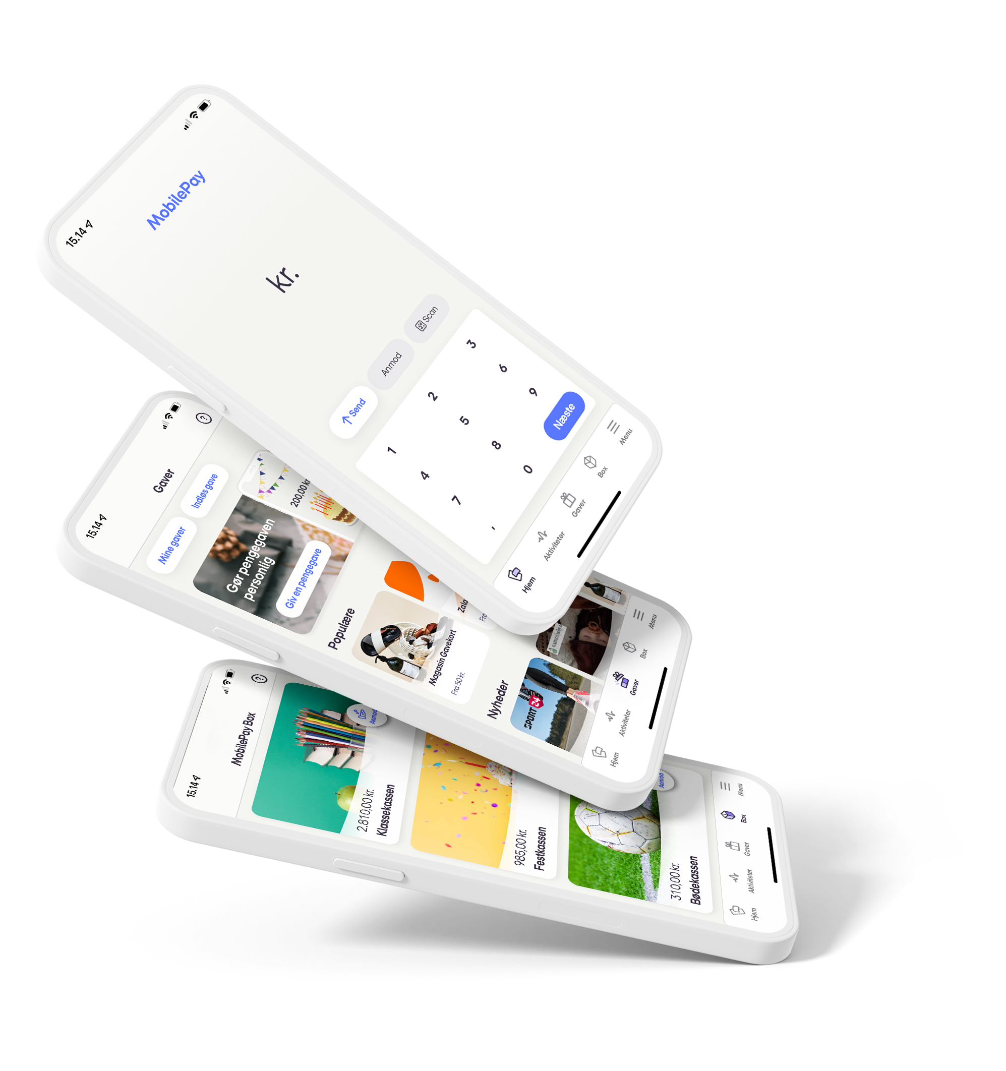 Skærme der viser MobilePay send penge, MobilePay Gaver og MobilePay Box
